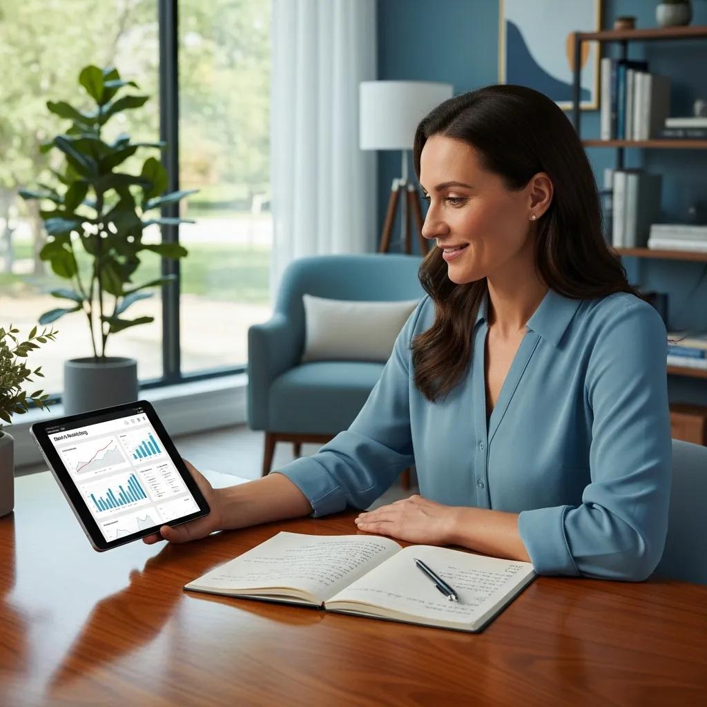 Therapist analysing email metrics on a tablet, emphasising email list nurturing and client retention