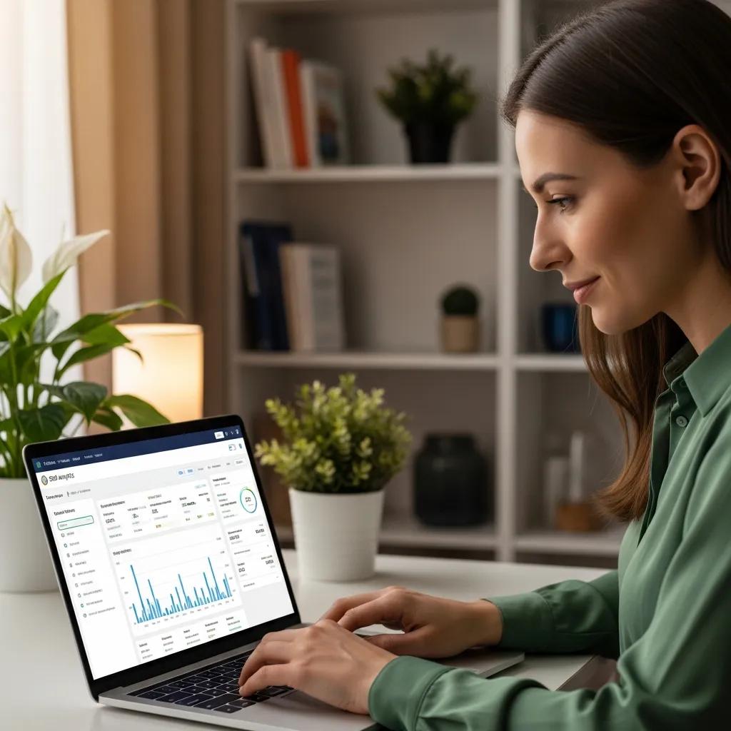 Therapist analysing website SEO strategies on a laptop in a serene office setting