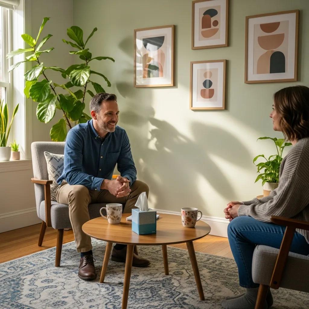 Therapist and client in a comforting therapy session, illustrating trust and emotional connection