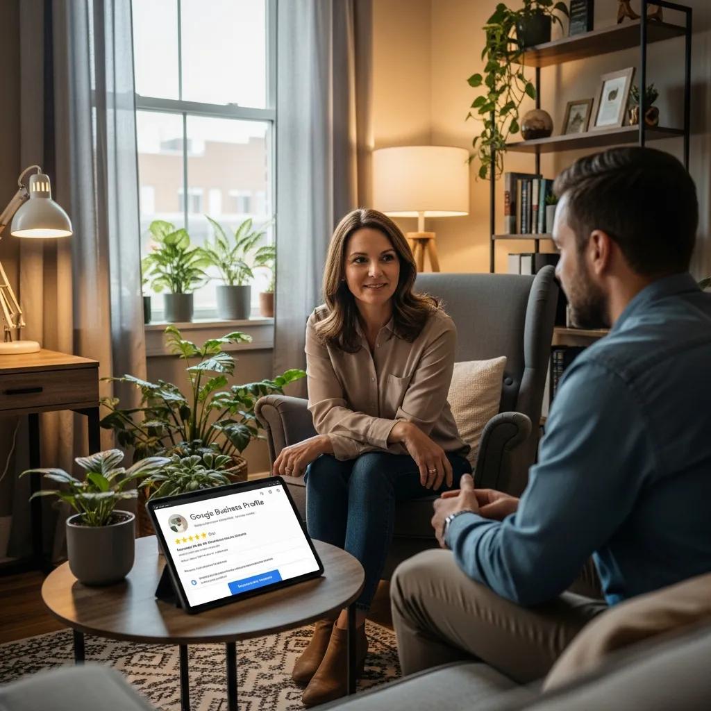 Therapist and client in a cozy office, highlighting local SEO techniques for therapists