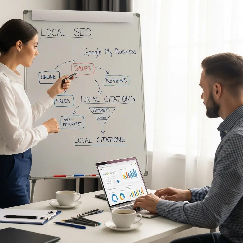 Therapist and digital marketing expert discussing local SEO strategies, illustrating effective methods for enhancing online presence