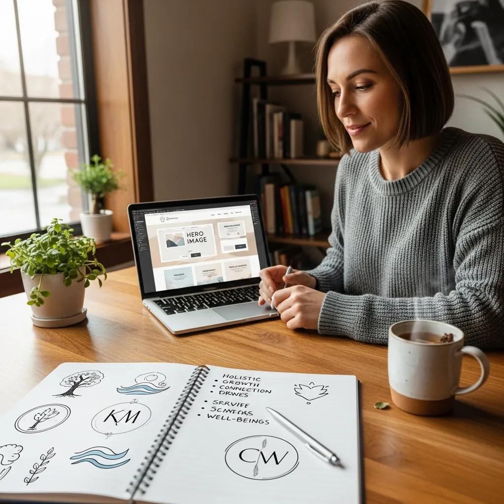 Therapist brainstorming branding ideas for a custom website, highlighting the creative process of building an online presence