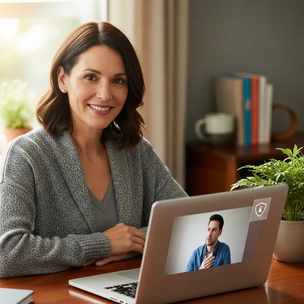 Therapist conducting a telehealth session on a laptop, highlighting compliance in mental health care
