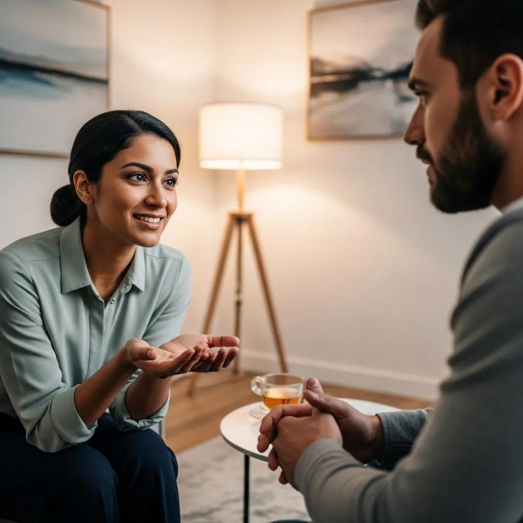Therapist engaging with a client in a cozy office, illustrating effective communication techniques and empathy