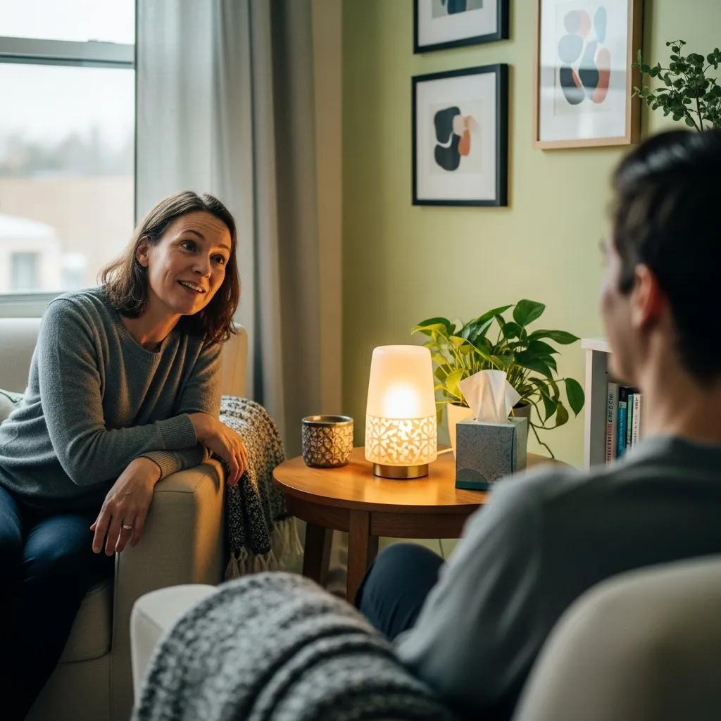Therapist engaging with a client in a warm environment, highlighting trust and connection in therapy