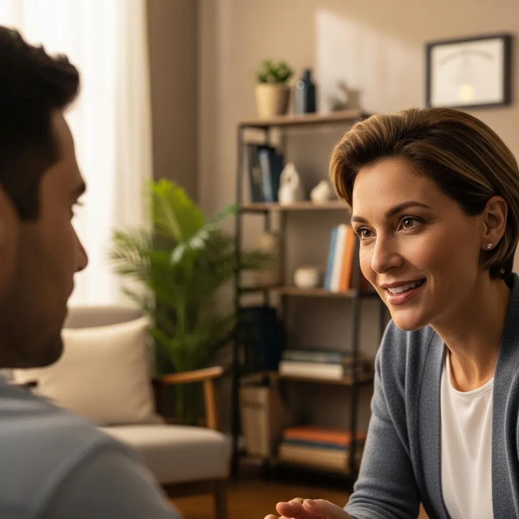 Therapist engaging with a client in a welcoming office, emphasizing trust and connection