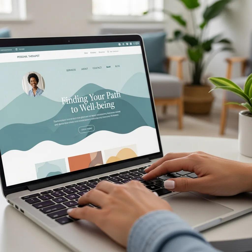 Therapist engaging with personal website on laptop, symbolizing trust and professionalism