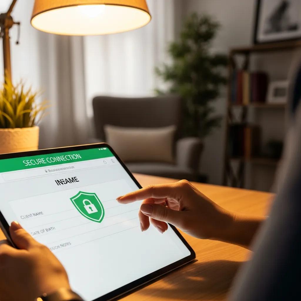 Therapist filling out a secure online form on a tablet, highlighting the importance of website security