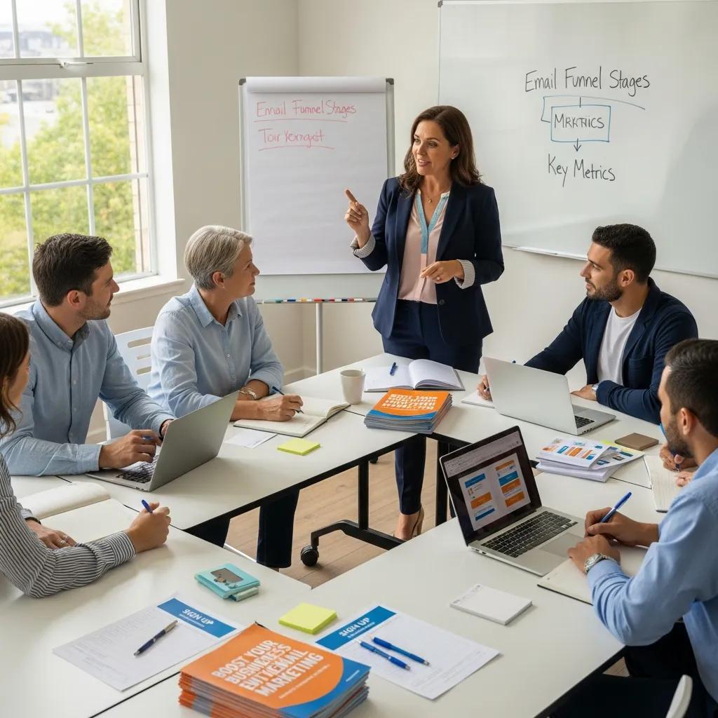 Therapist leading a workshop on organic email list building with engaged participants