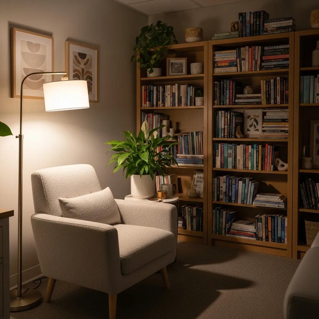 Therapist office with comfortable seating and calming decor, representing a welcoming environment for clients