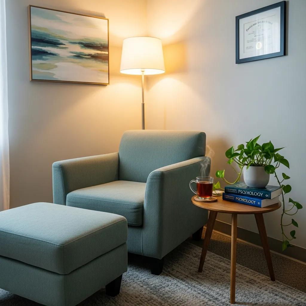 Therapist office with comfortable seating and calming decor, representing essential features for therapist websites