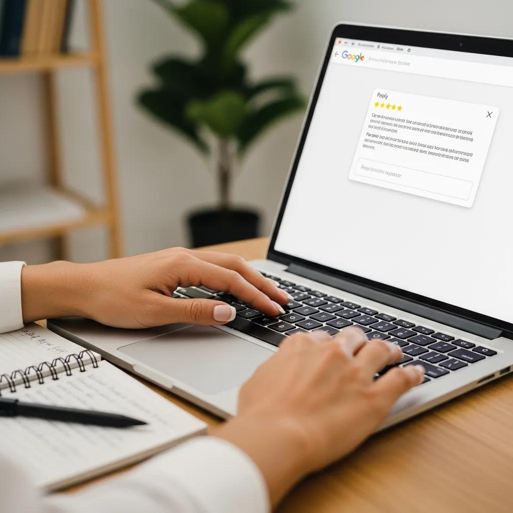 Therapist responding to Google reviews on a laptop, highlighting the importance of managing client feedback for trust-building