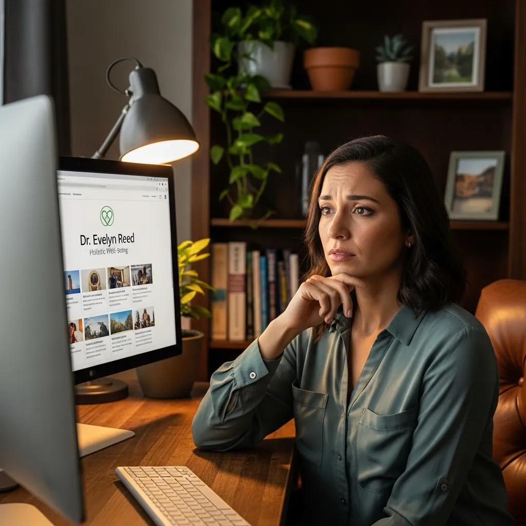 Therapist reviewing a directory on a computer, illustrating concerns about reliance on third-party platforms for client acquisition