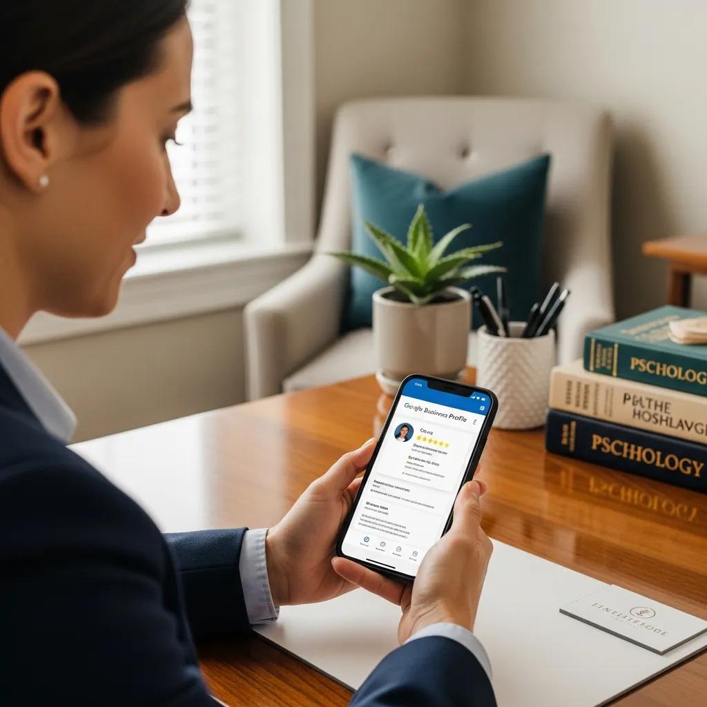 Therapist reviewing Google Business Profile on a smartphone in a professional office setting
