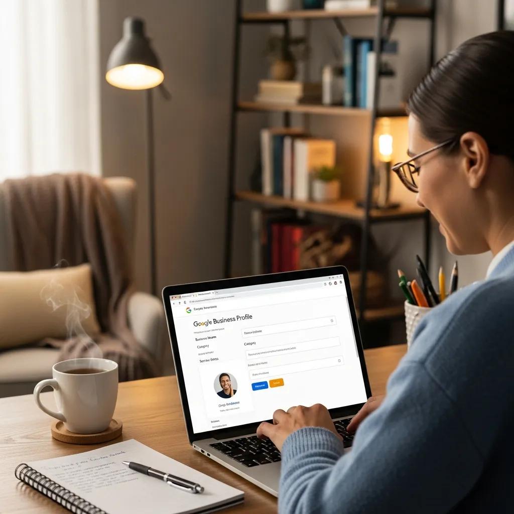 Therapist setting up a Google Business Profile on a laptop in a cozy office, illustrating the process of creating a therapy practice profile