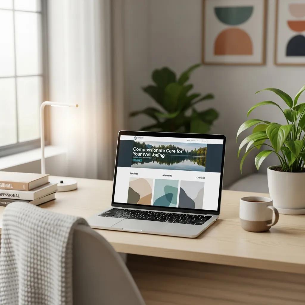 Therapist website design workspace with a laptop and calming decor