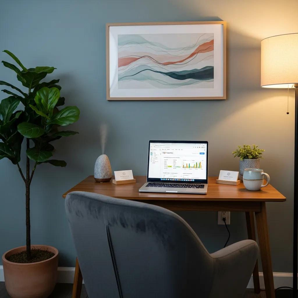 Therapist workspace with laptop and calming decor, representing SEO strategies for therapists