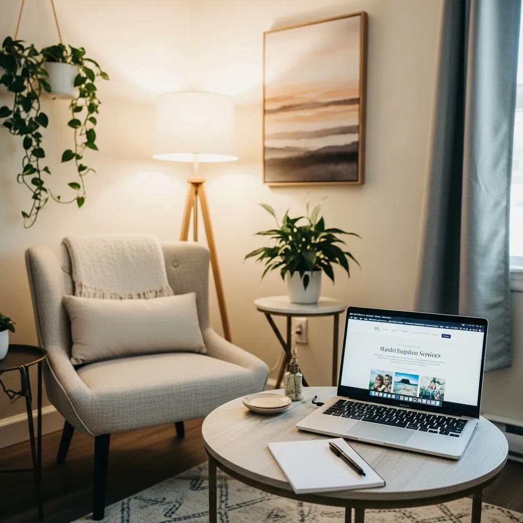 Therapist workspace with laptop and inviting atmosphere for mental health services