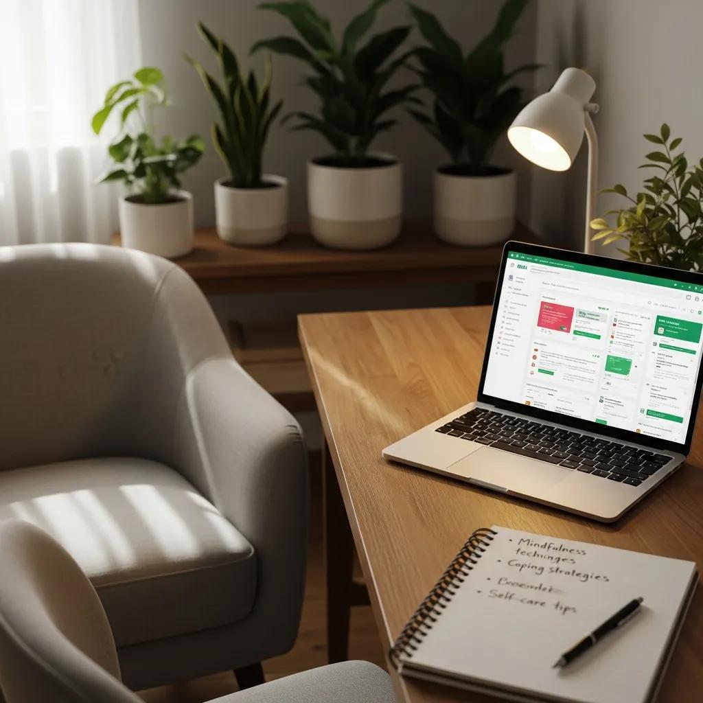 Therapist workspace with laptop and notepad, emphasizing email marketing for client engagement