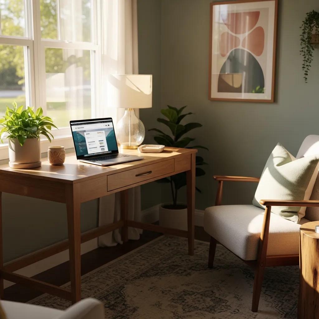Therapist workspace with laptop displaying telehealth website, conveying professionalism and warmth