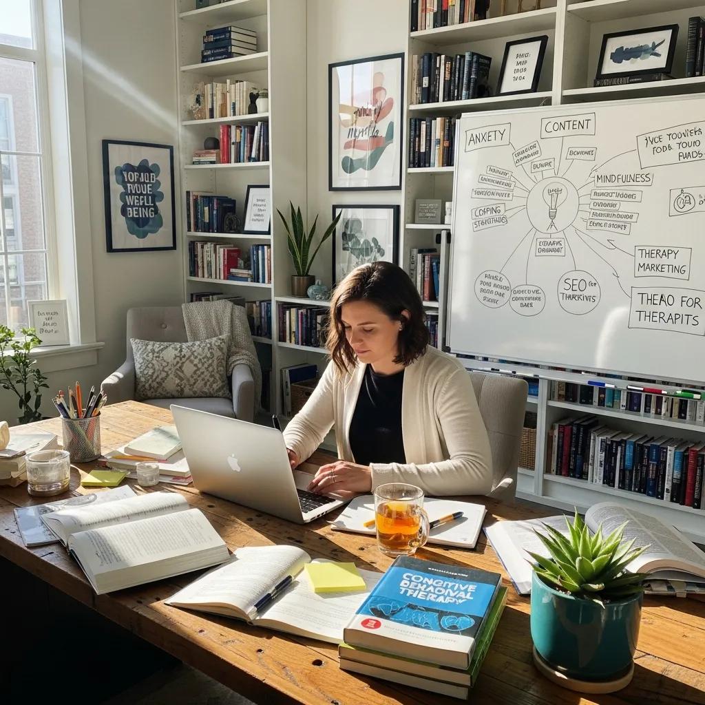 Therapist writing content in a creative workspace, showcasing the impact of content marketing on SEO