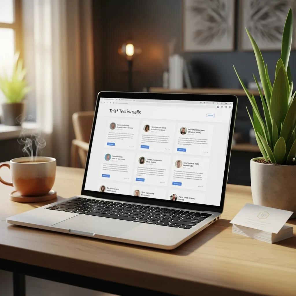 Therapist's desk with laptop showing client testimonials, highlighting the role of testimonials in building credibility