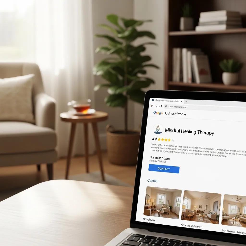 Therapist's Google Business Profile displayed on a laptop in a therapy office
