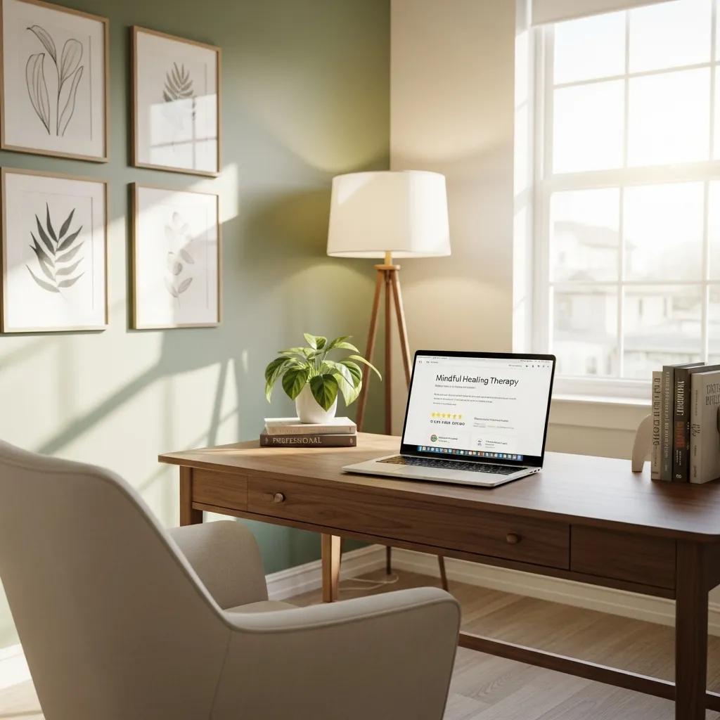 Therapist's office with a laptop showing Google Business Profile, representing the importance of online presence for therapists