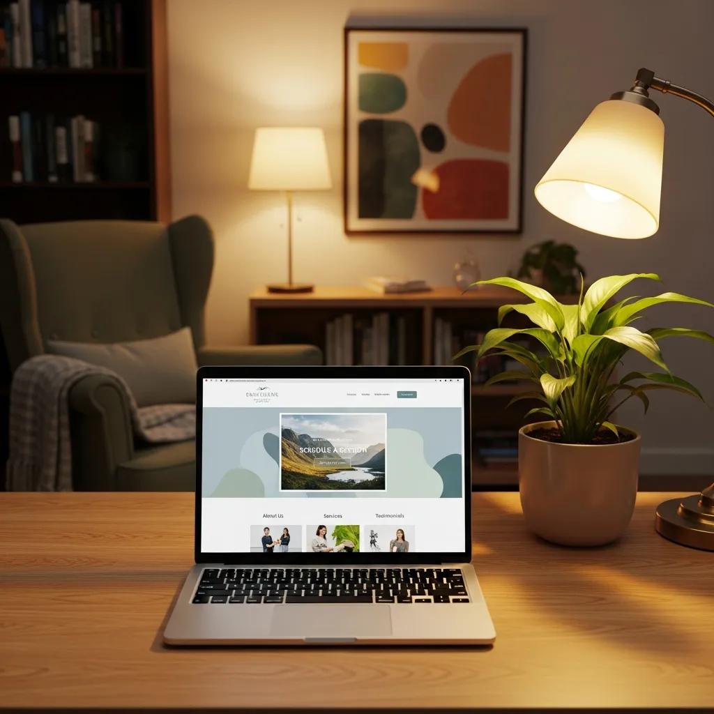 Therapist's workspace with a laptop displaying a personalized therapy website, emphasizing the importance of custom online presence