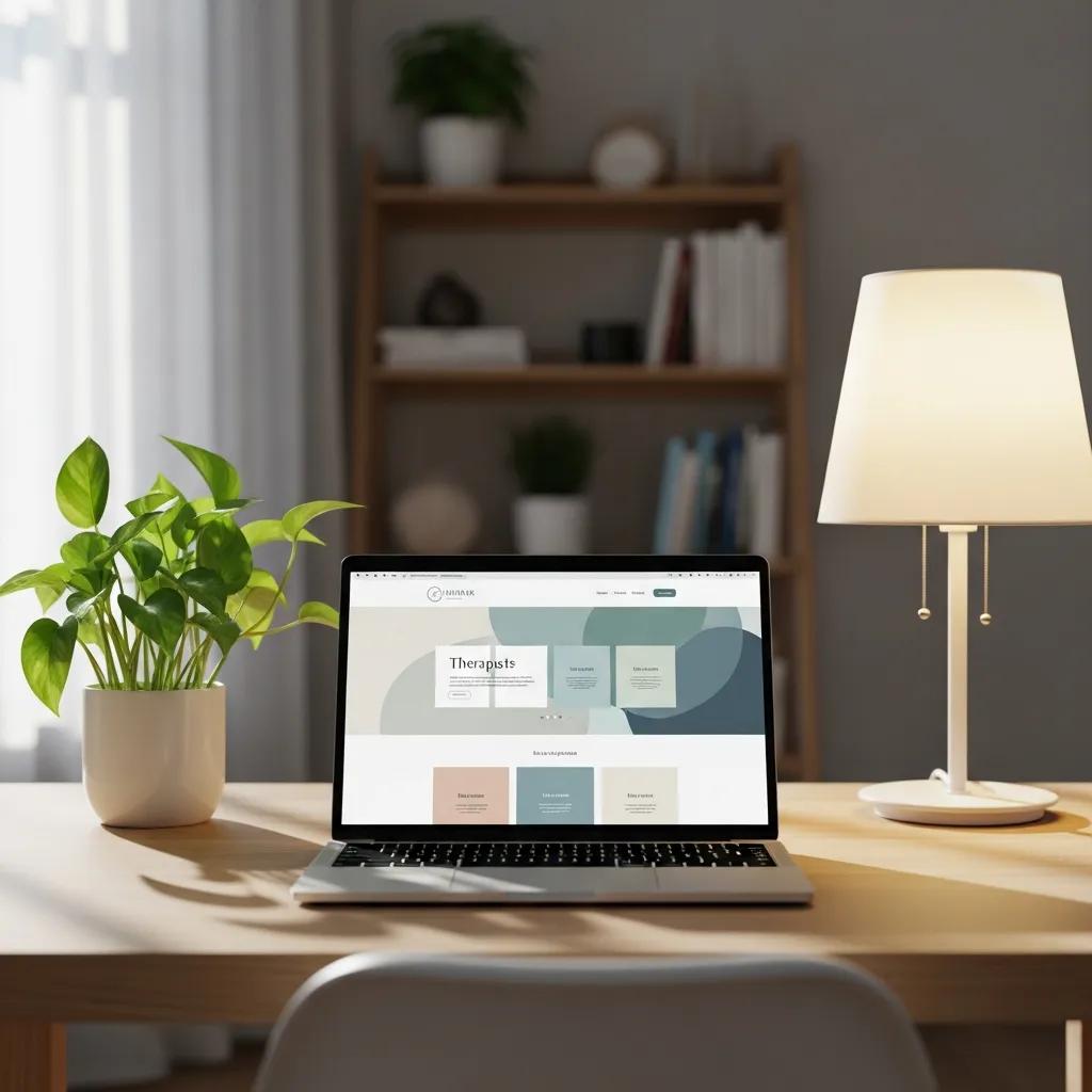 Therapist's workspace with a laptop displaying a professional website, symbolising the importance of having a dedicated online presence