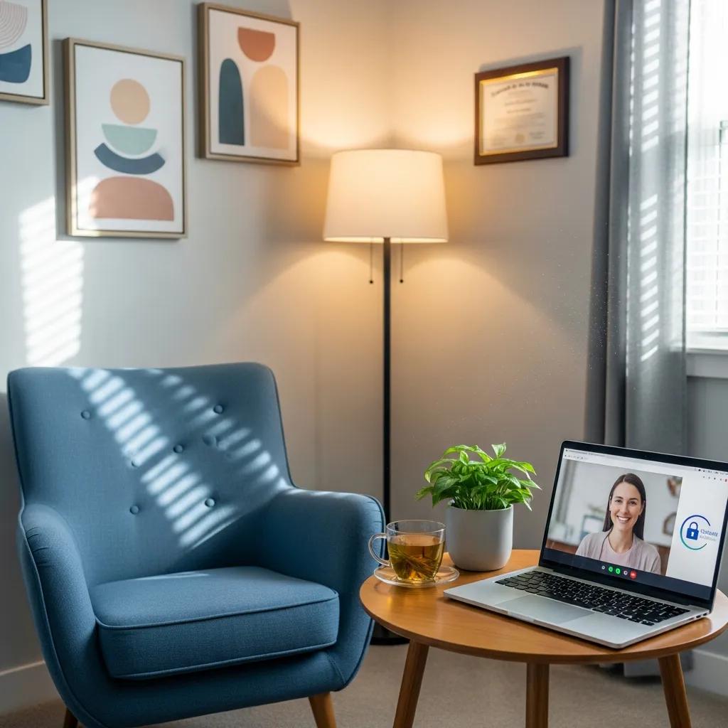 Therapy office with a laptop and calming decor, emphasizing HIPAA compliance and secure services