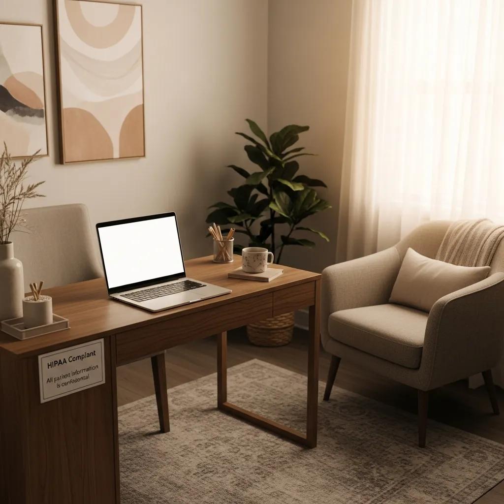Therapy office with a laptop and calming decor, emphasizing HIPAA compliance in mental health care