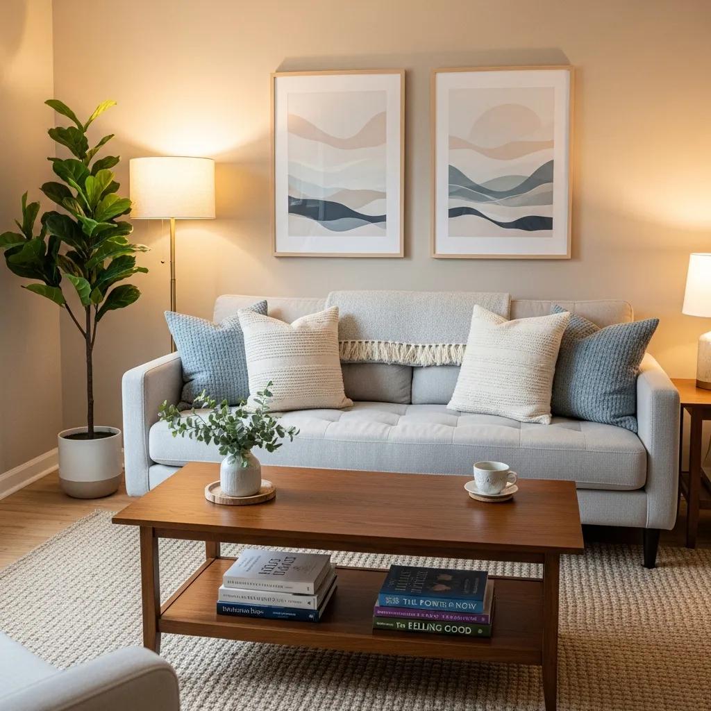 Therapy office with comfortable seating and calming decor, representing a welcoming environment for clients