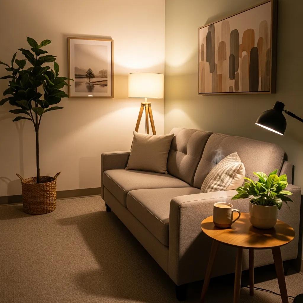 Therapy office with inviting decor and comfortable seating, emphasizing a professional and calming environment