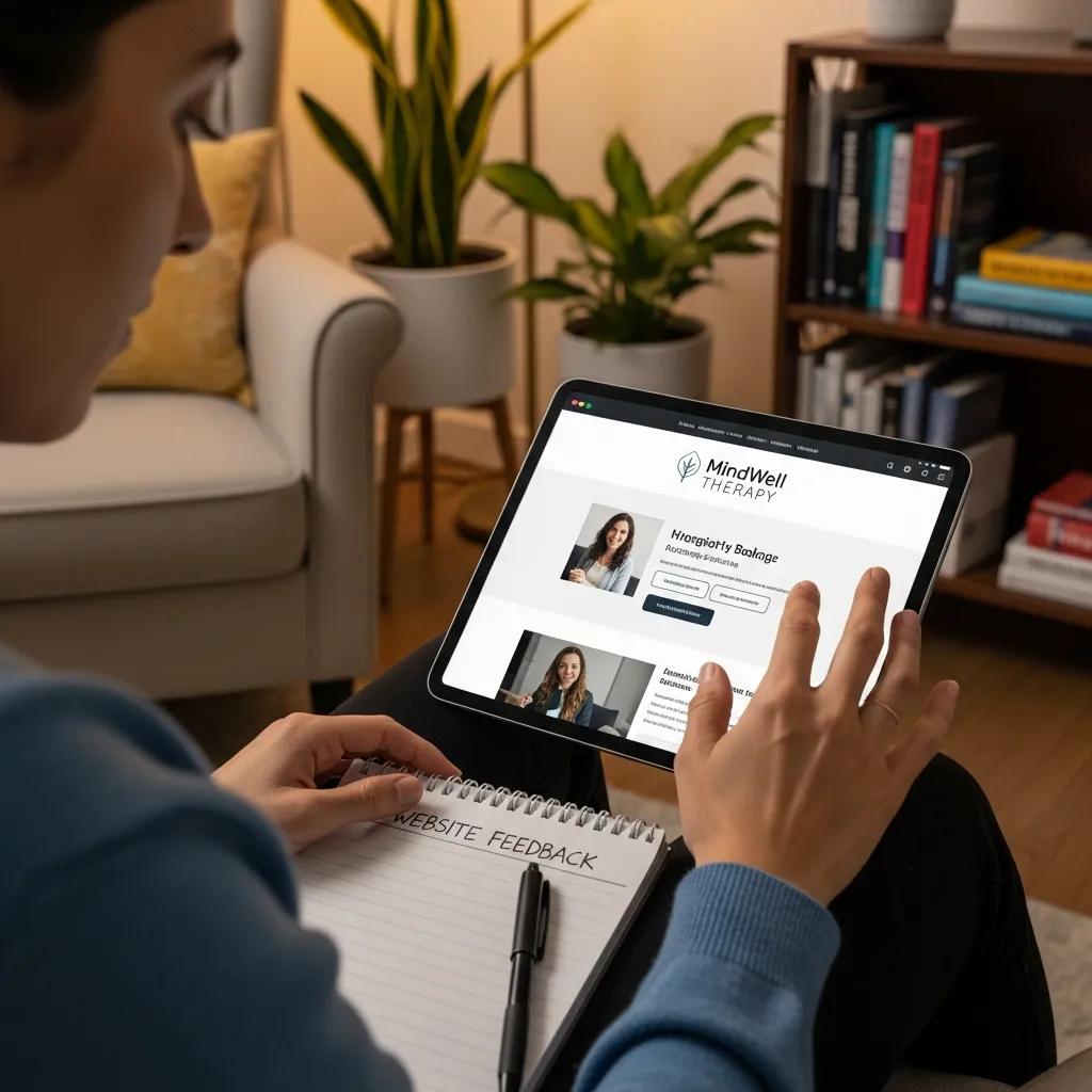 User testing a therapist website on a tablet in a cozy office