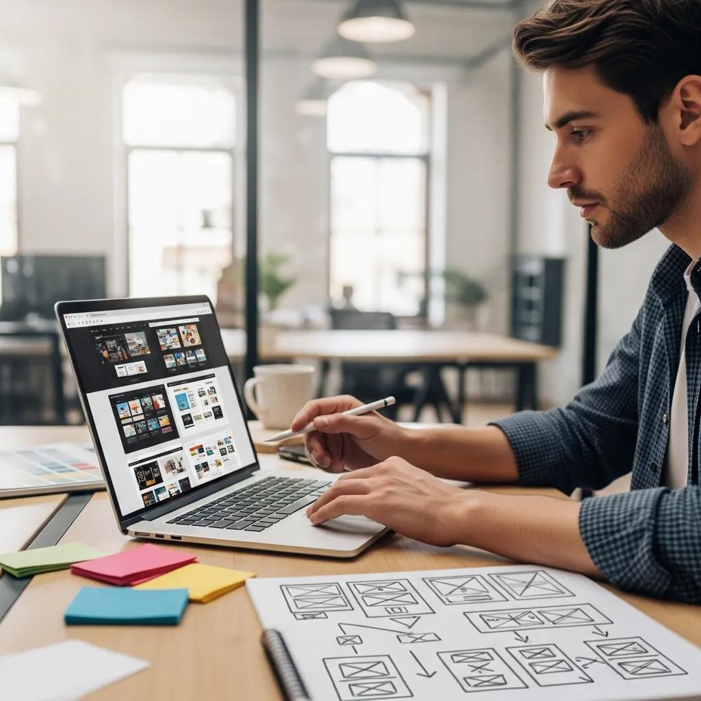 Web designer reviewing portfolio in a modern office setting for hiring context