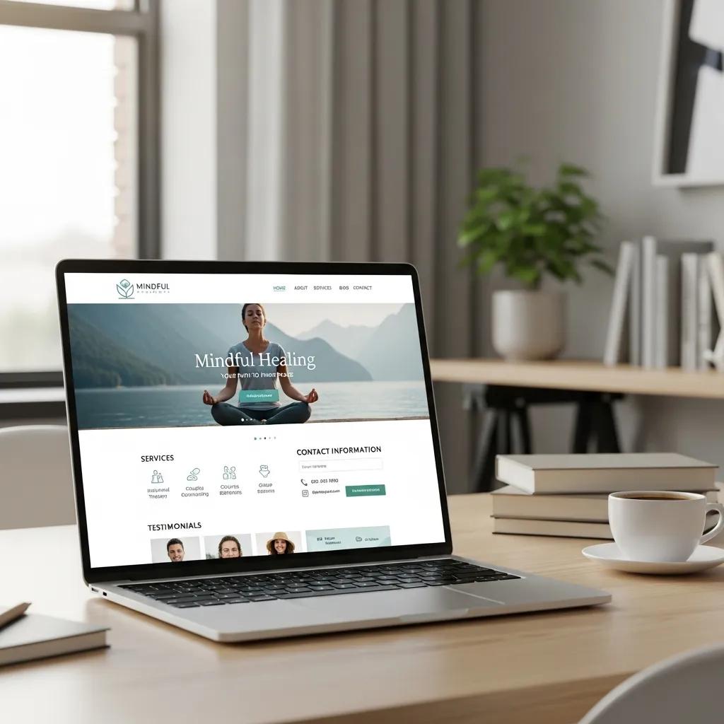 Well-designed therapist website displayed on a laptop in a professional workspace