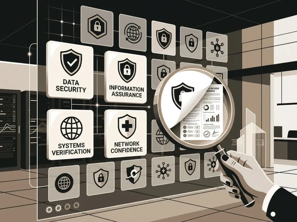 Illustration of vendor security badges with an audit report shown behind them