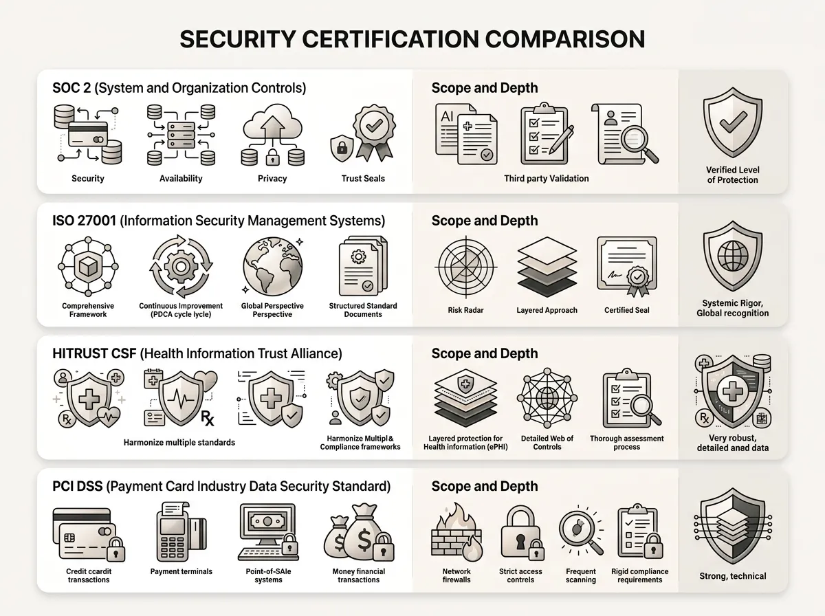 able comparing SOC 2, ISO 27001, HITRUST, and PCI DSS and what each proves.