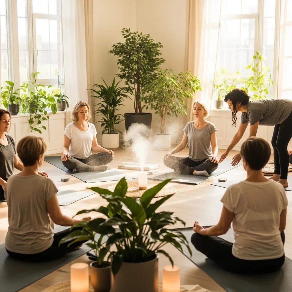 Adults practicing mindfulness techniques in a tranquil workshop environment, promoting emotional wellness