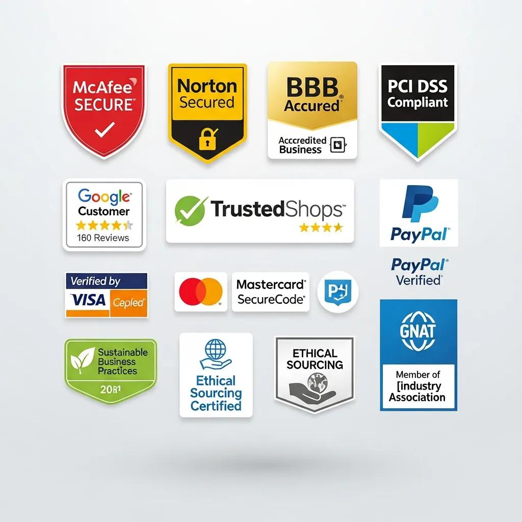 Close-up of trust badges and certifications representing professional credentials and ethical standards