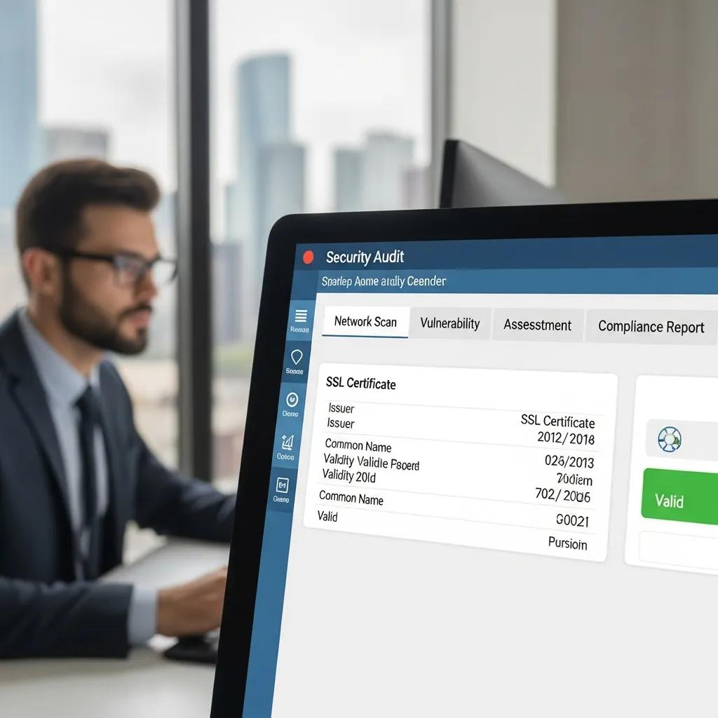 Computer screen displaying a security audit, emphasizing the importance of SSL certificates for HIPAA compliance
