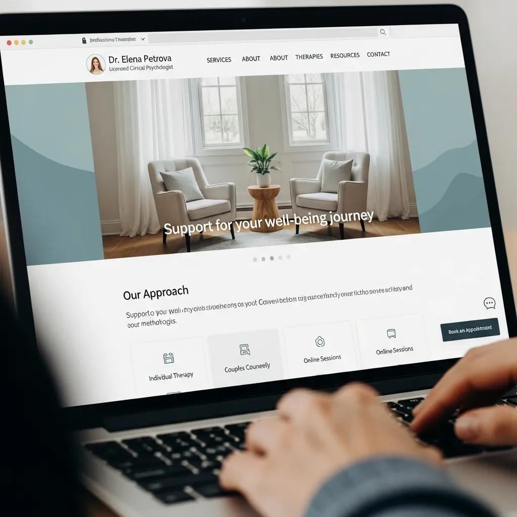 Computer screen showing a therapist website, emphasizing the role of website support services