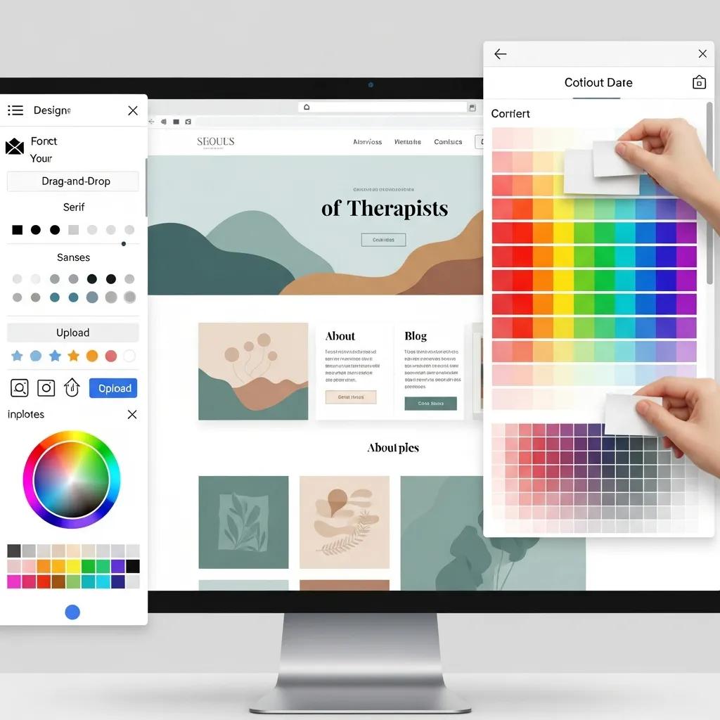 Computer screen showing customizable therapist website template, highlighting design options and branding