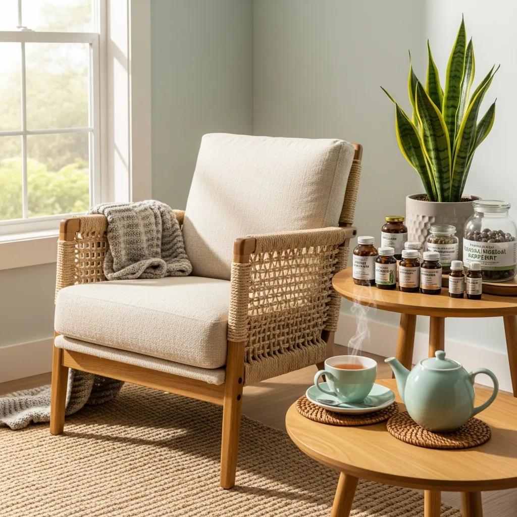 Cozy indoor setting with herbal supplements and calming tea, representing natural remedies for anxiety