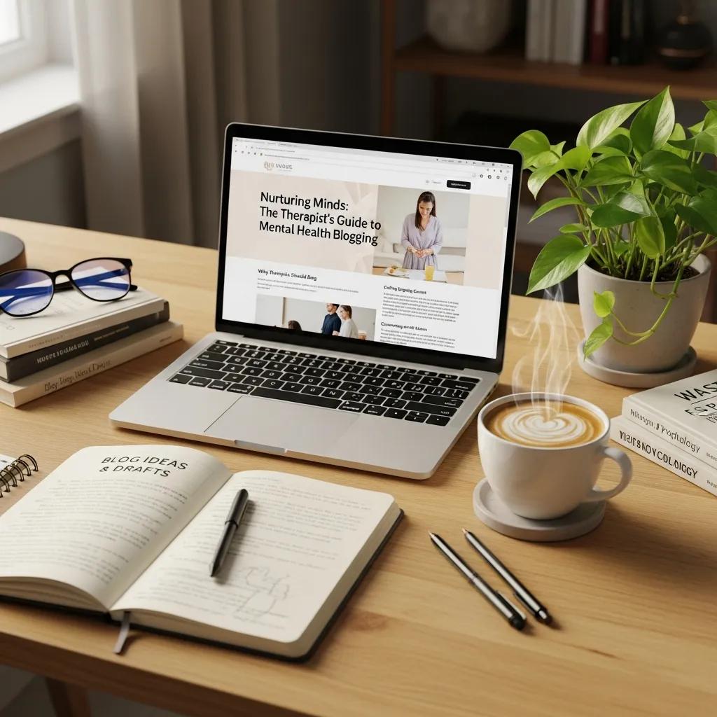 Creative workspace with a laptop displaying a mental health blog, symbolizing content marketing for therapists