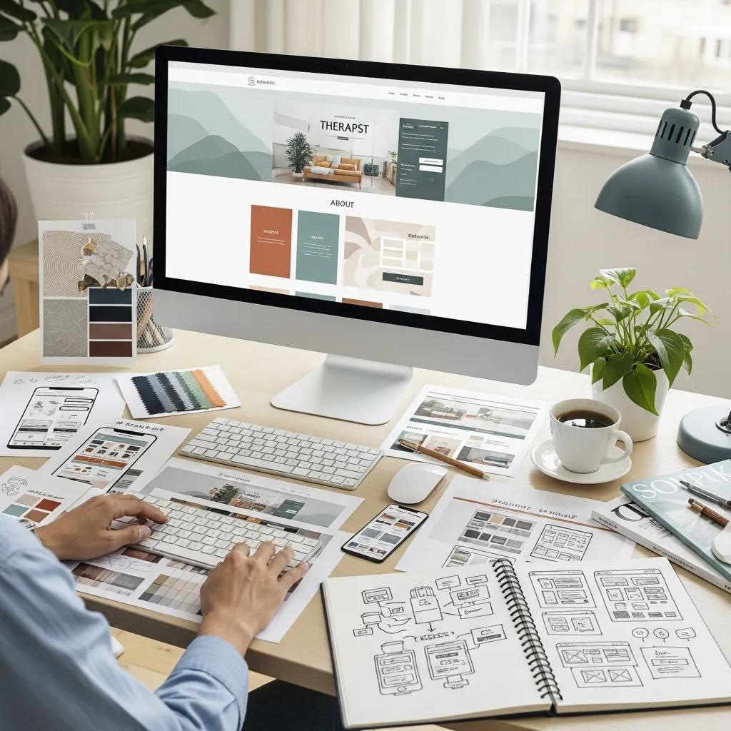 Designer creating custom website layouts with sketches and color palettes