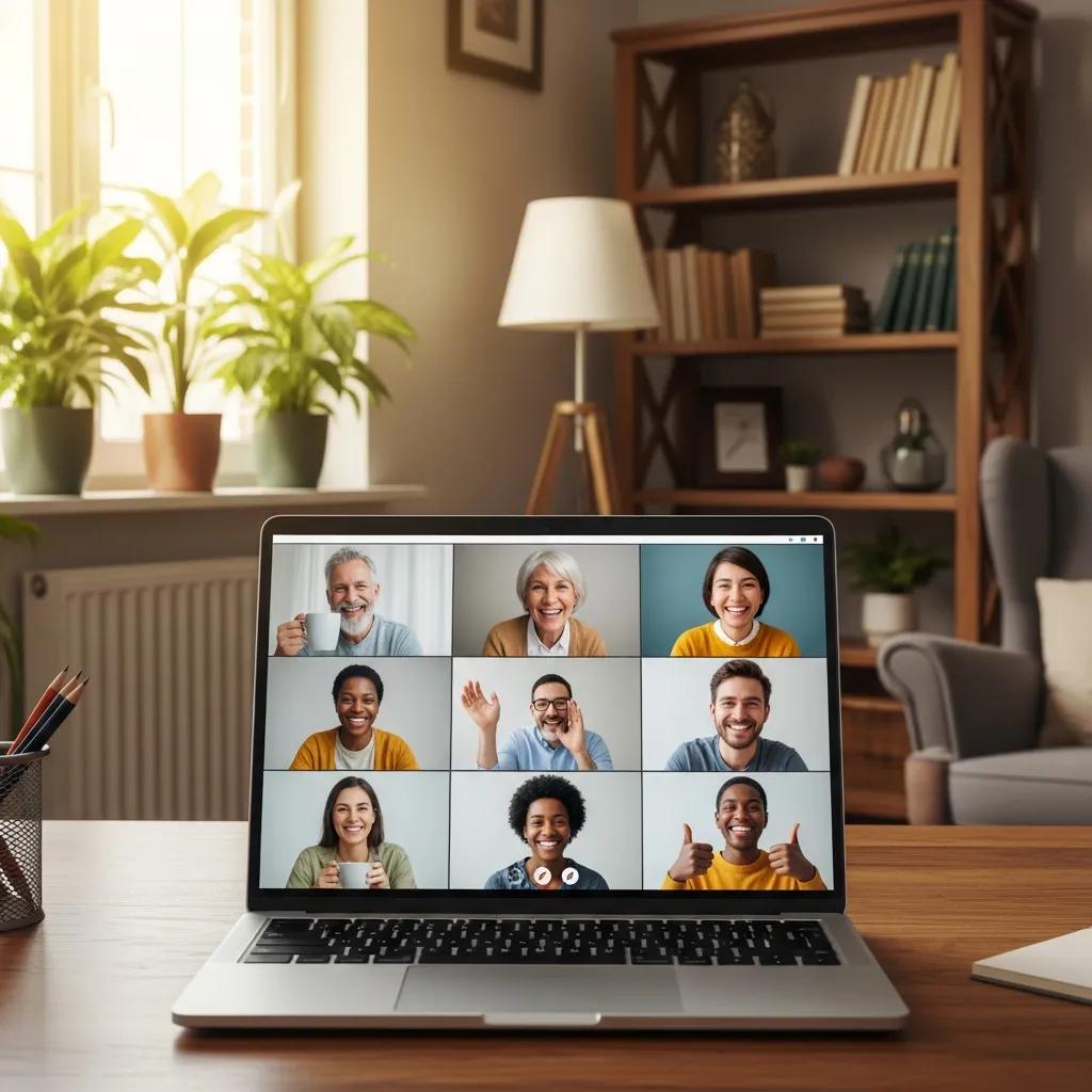 Diverse participants engaged in a virtual mental health support group meeting on a laptop