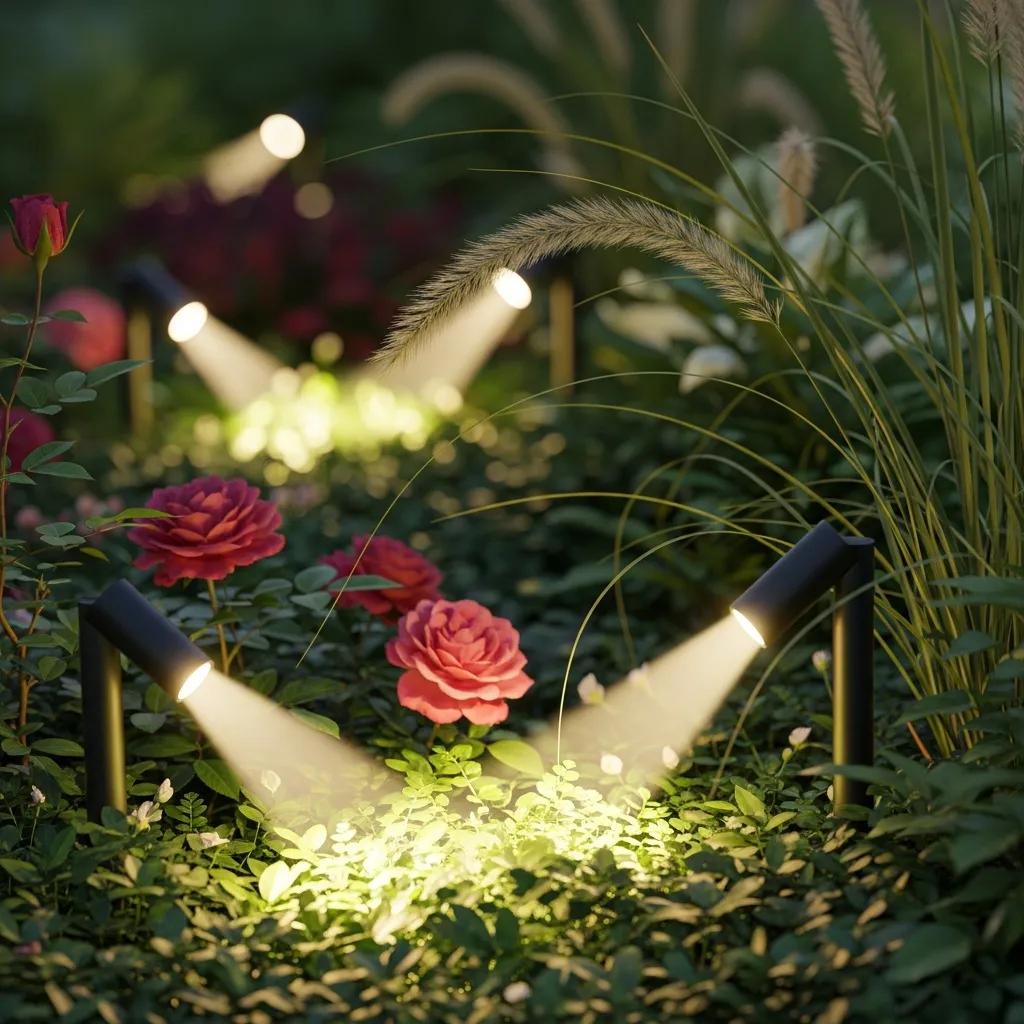 Energy-efficient LED landscape lighting illuminating a garden beautifully