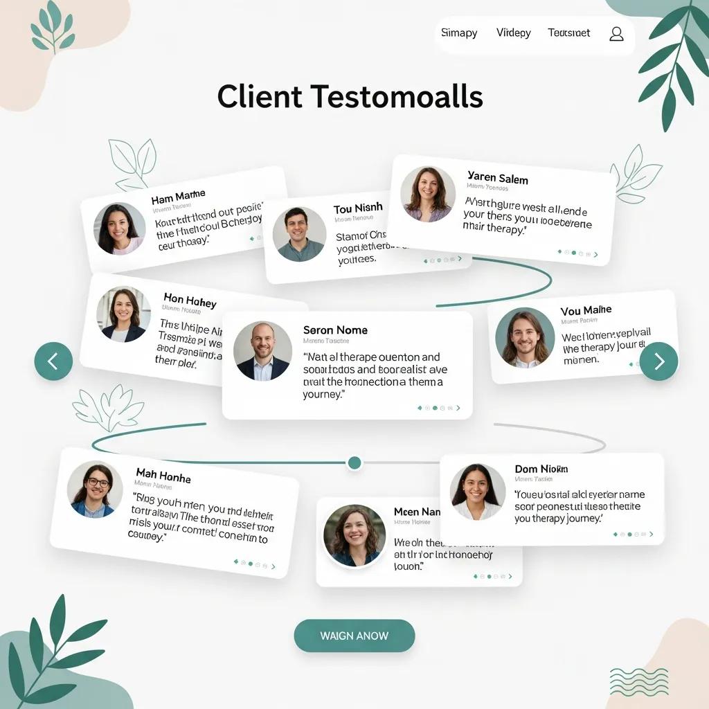 Engaging layout of client testimonials on a therapy website, showcasing diverse feedback and personal connections